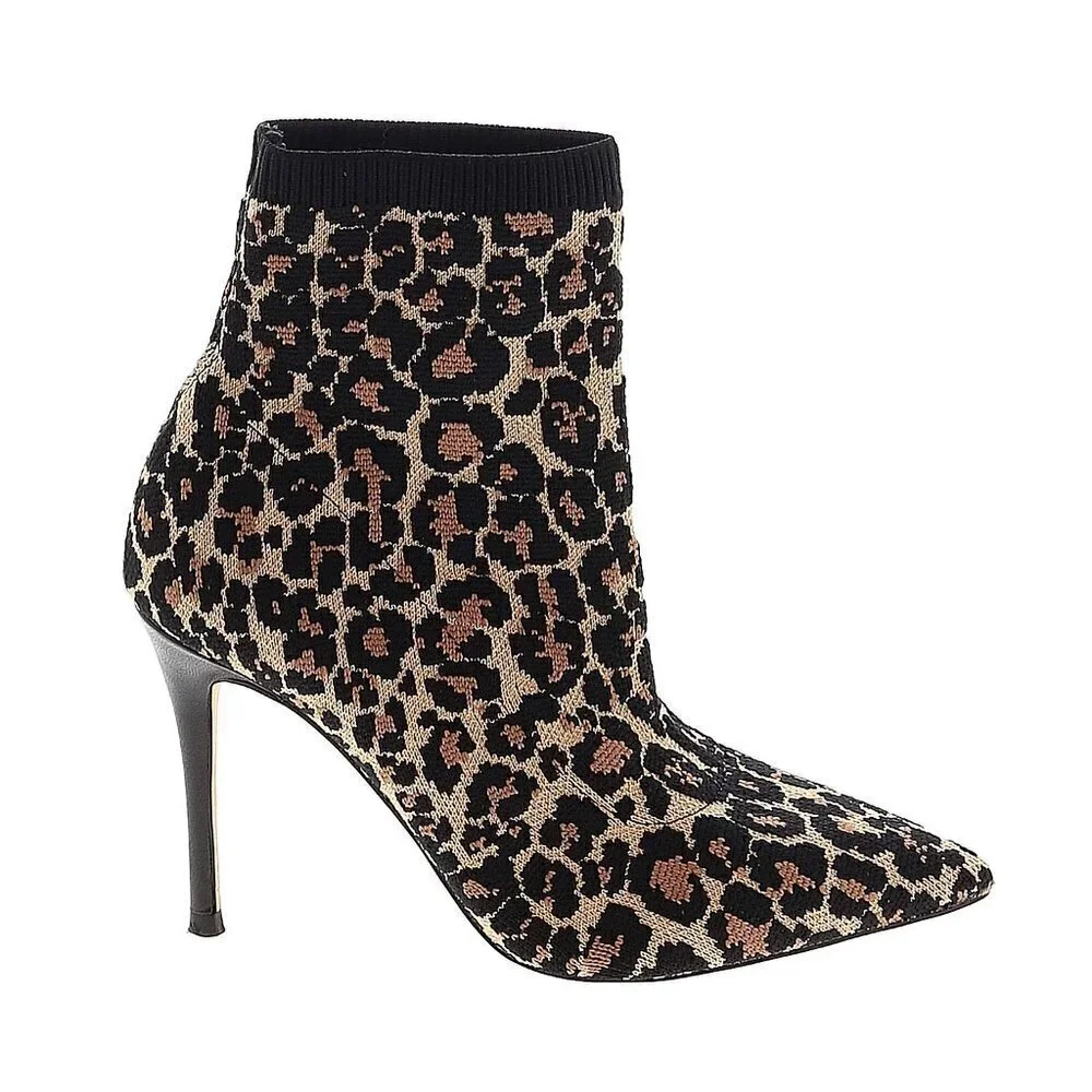 Something Navy Leopard Print Knit Heels Sock Boots 5
